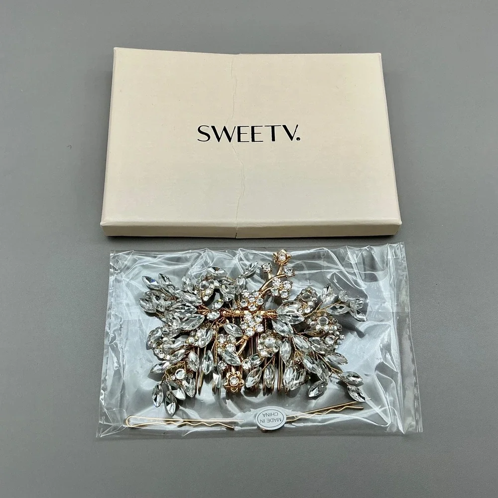 SWEETV Hair Comb Women Gold Tone Rhinestone Crystal Floral Bridal Wedding Access